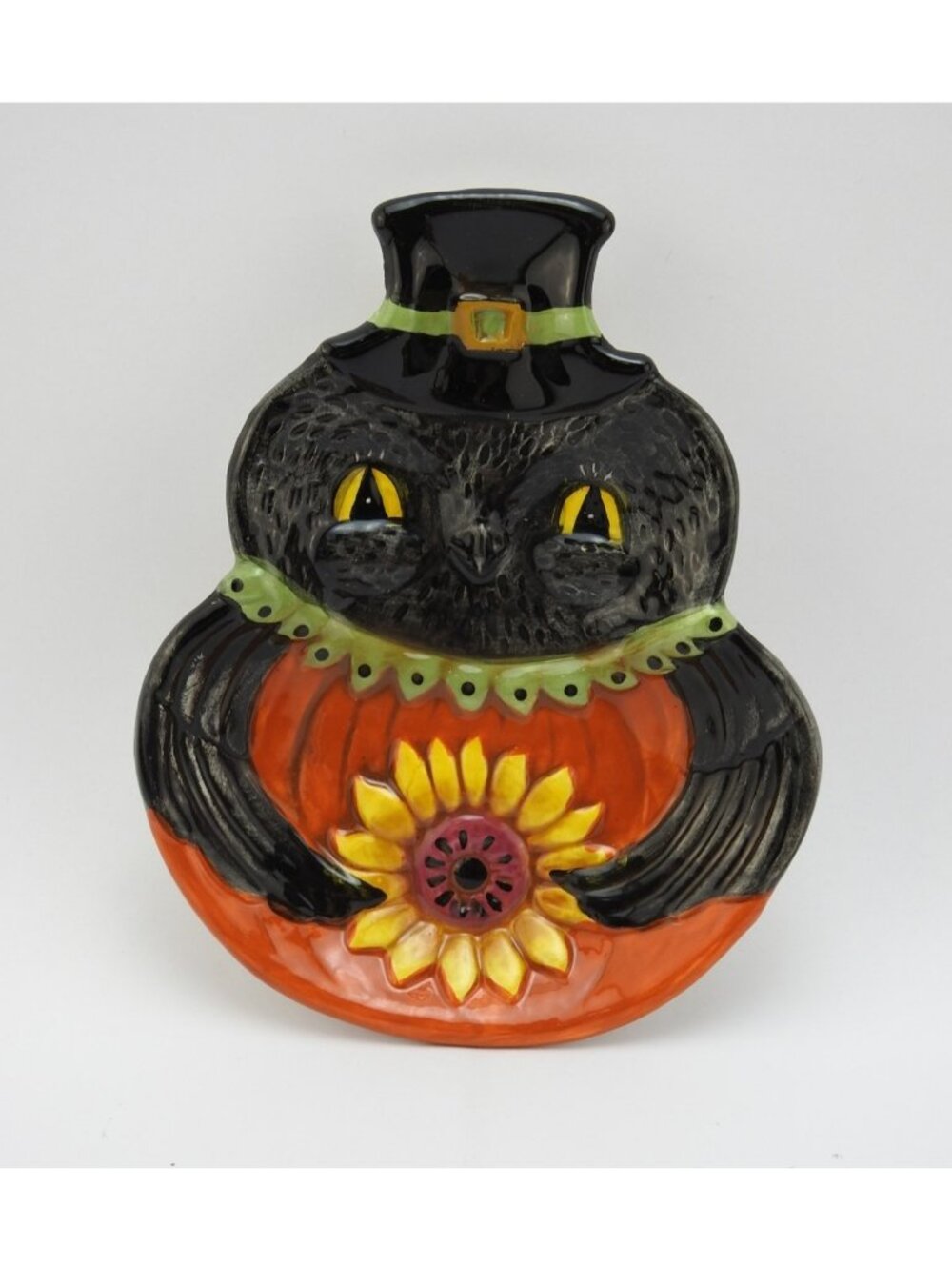 Johanna Parker Black Owl Pilgrim Hat Sunflower Fall Ceramic Plate Dish 6" New